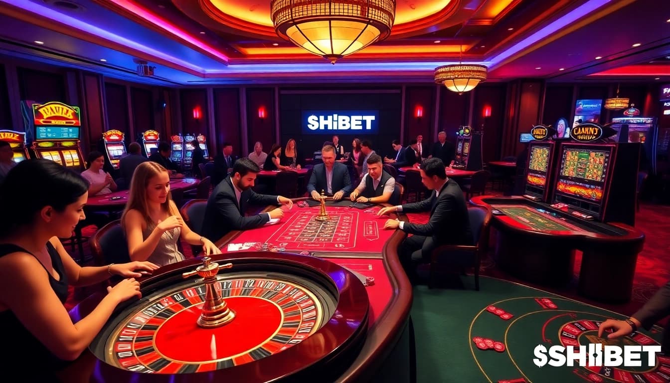 SHBET offers exciting casino games, featuring players at vibrant tables engaged in thrilling bets.