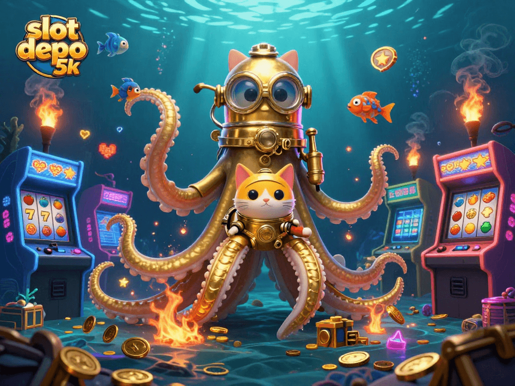 Engage with thrilling slot games at slot depo 5k featuring a vibrant 3D illustration of a kraken, diving cat, and bioluminescent fish.