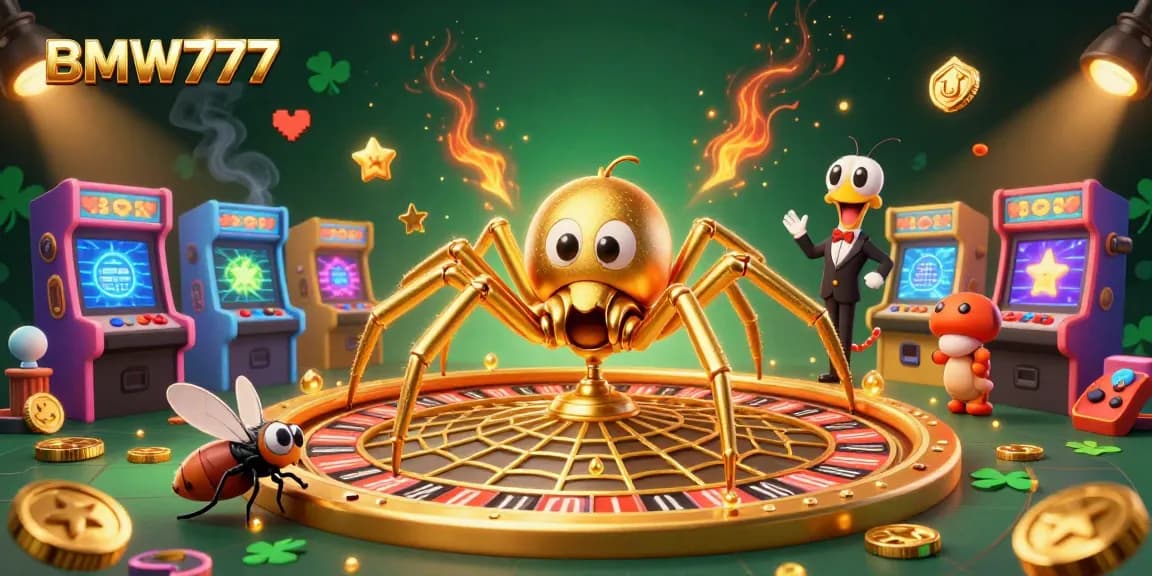 Experience BMW777's thrilling casino action with a golden spider and centipede in an exciting 3D illustration.