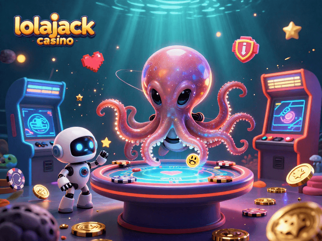 Experience the excitement of lolajack casino with an alien octopus and a robot at the poker table.