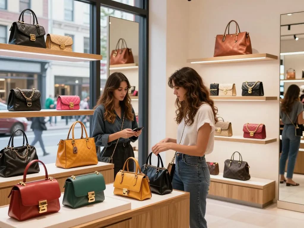 High-quality 레플리카 쇼핑몰 handbags displayed in a trendy urban boutique.