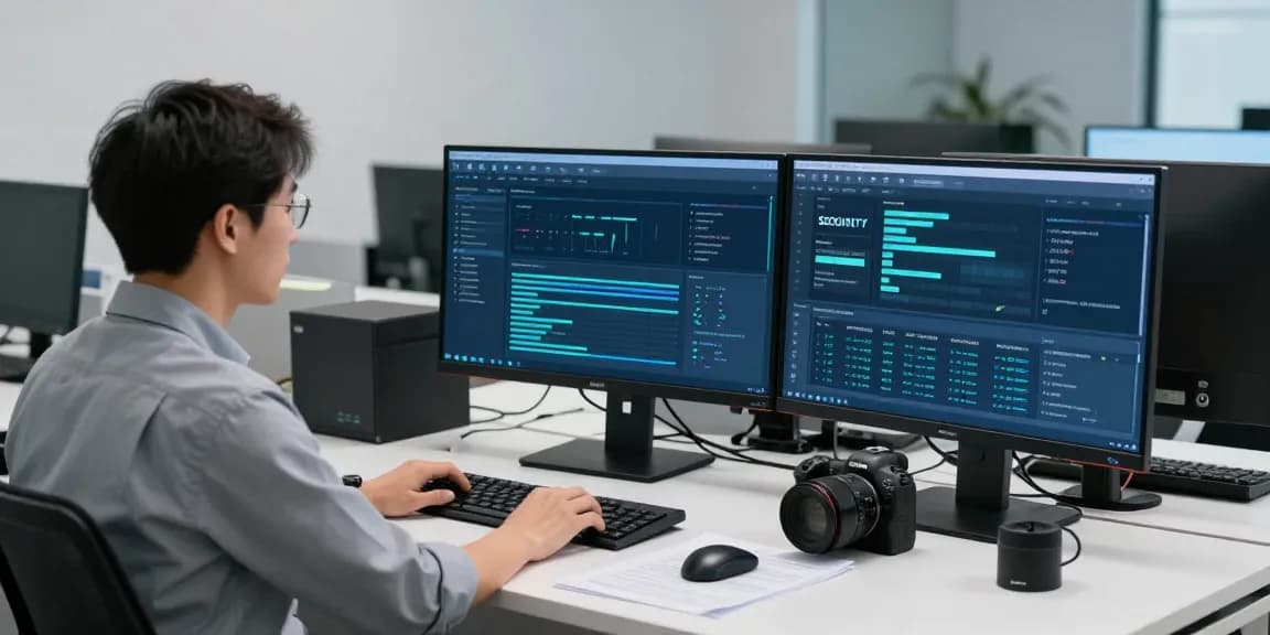 IT professional reviewing security logs for safe access at https://shs-dome5.com/ in a modern workspace.