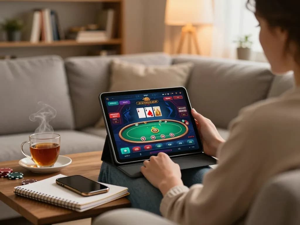 Engaged in online gambling with casino online esteri app on a tablet in a cozy home environment.