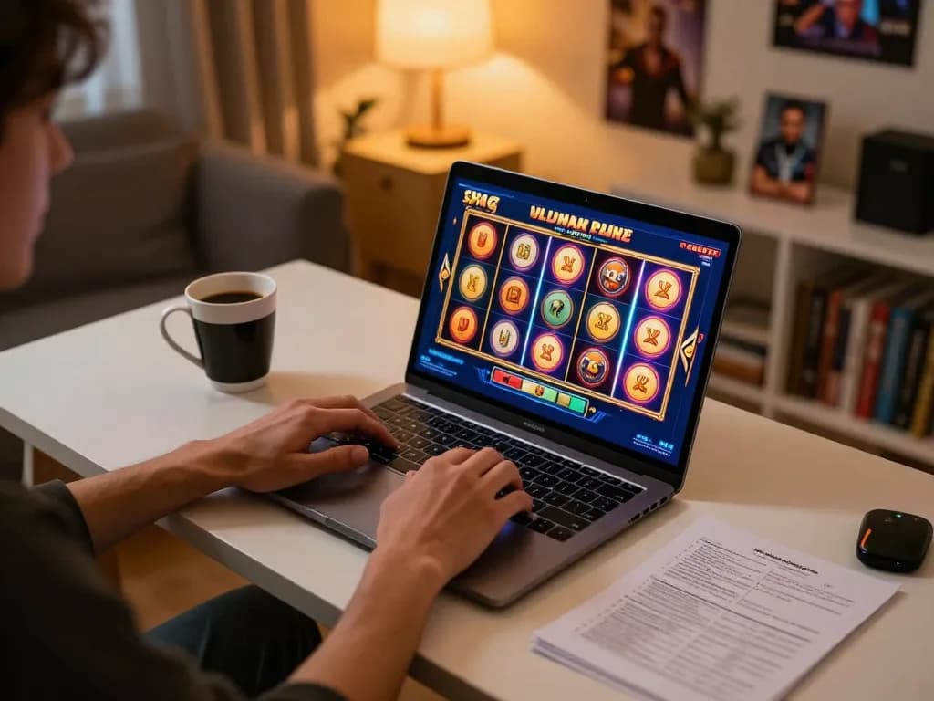Engaging scene of online gambling featuring Link Slot Gacor on a laptop with vibrant graphics.