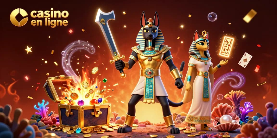 Plongez dans le monde de casino en ligne avec Anubis et Bastet, entourés de trésors.