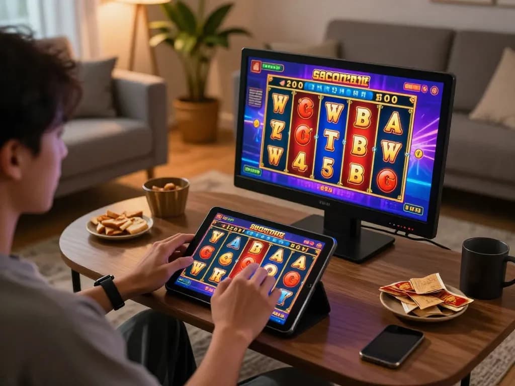 Engaging in online slot gacor sore ini gameplay on a tablet in a cozy home setting for strategic wins.