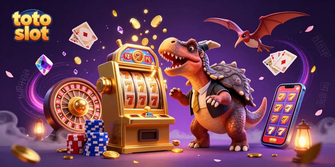 Engage with the thrilling toto slot action as dinosaurs interact with vibrant casino elements.