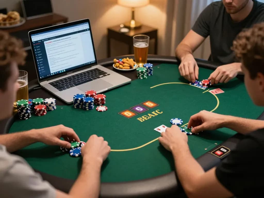 Players engaging in a dynamic online poker game viewing the hidden wiki links on a laptop in a cozy setting