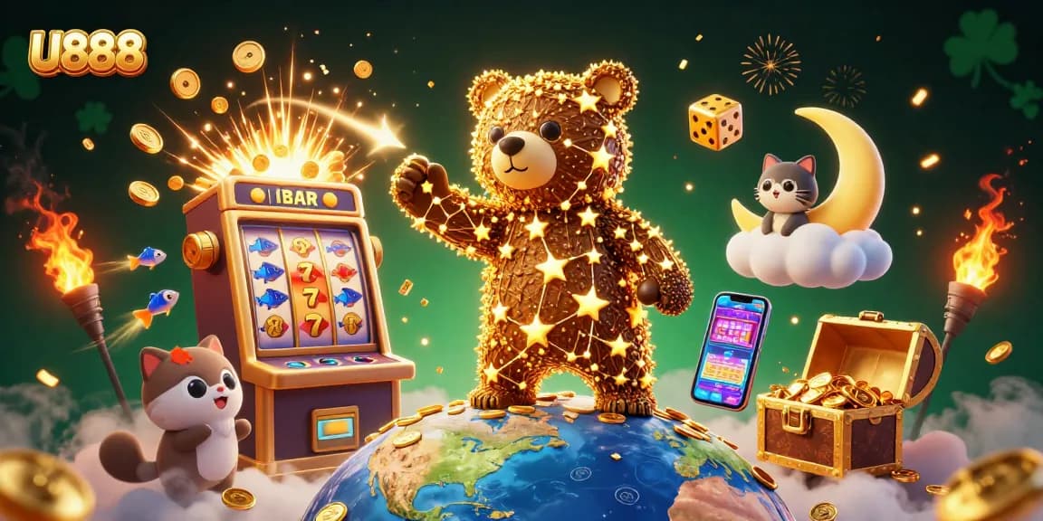 Experience the thrill of U888 with a cartoon constellation bear scooping coins in a vibrant casino scene.