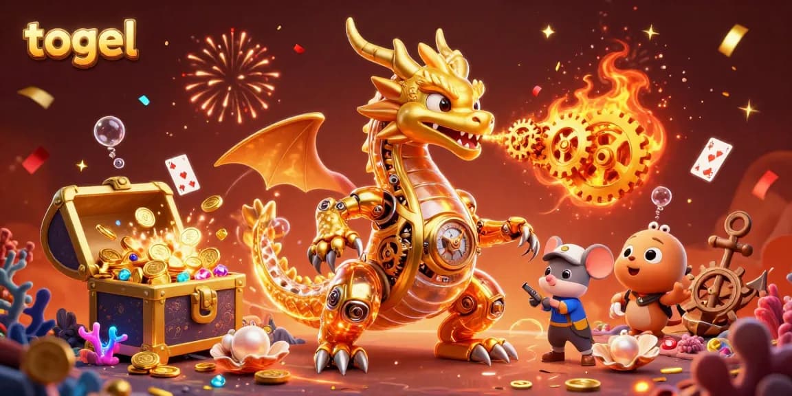 Experience thrilling togel gameplay with a golden dragon, treasures, and vibrant casino elements.
