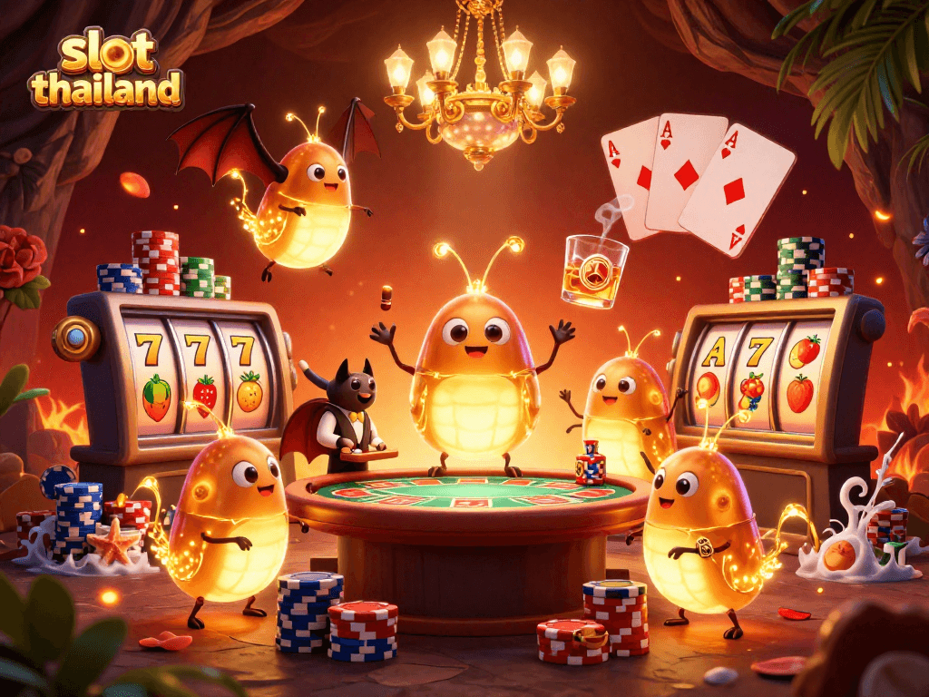 Play thrilling slot thailand with bioluminescent glowworms lighting the way in this vibrant digital casino illustration.