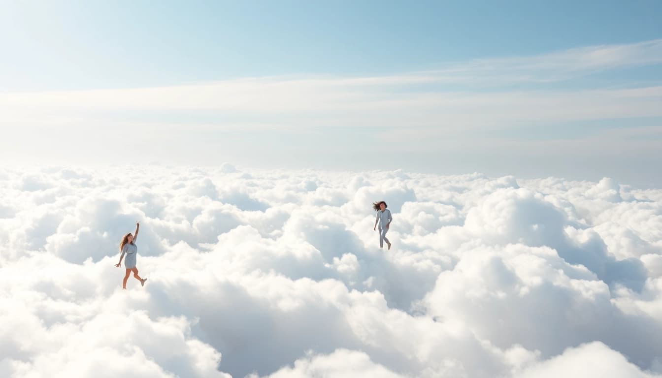 Experience the surreal sensation of Walking on Clouds with joyful silhouettes amidst fluffy clouds.