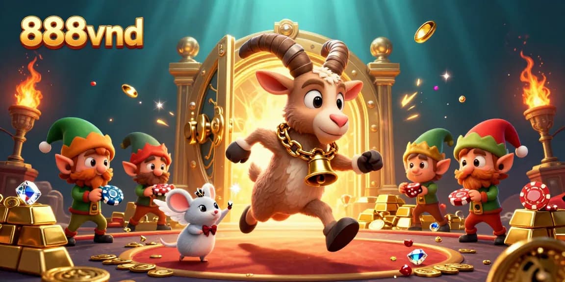 Experience the thrill of 888vnd with a festive casino scene featuring a Krampus goat, angel mouse, and mischievous elves.