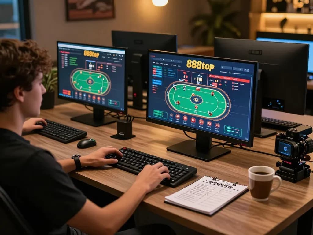 Player engaging with the 888top online casino interface, showcasing sports betting and poker action.