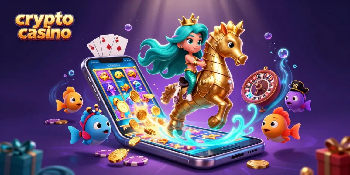 Gioca nel crypto casino con la sirenetta e il suo cavallo marino dorato, circondati da pesci colorati e slot machine.