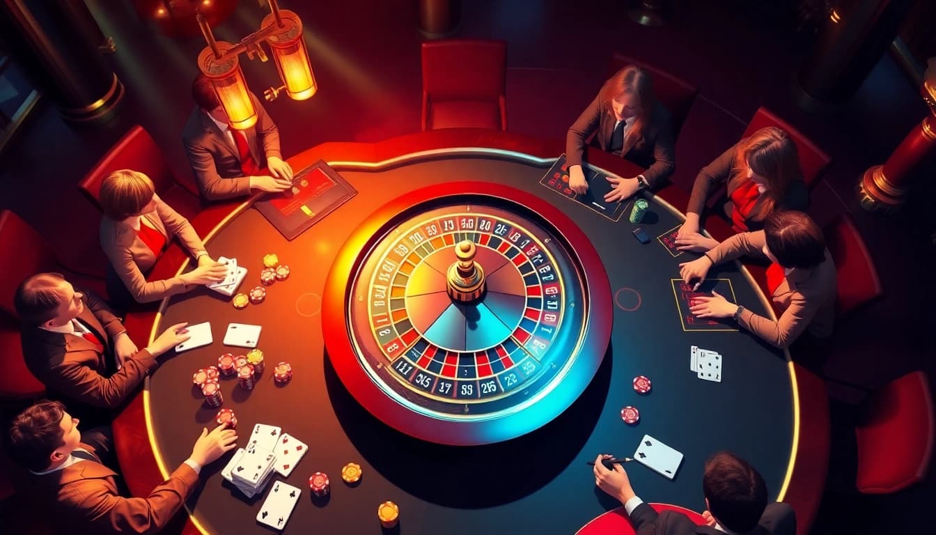 Des joueurs engagés profitent de l'action rapide à une table de casino en ligne Français 2026, avec des jetons de poker et des cartes vibrants.