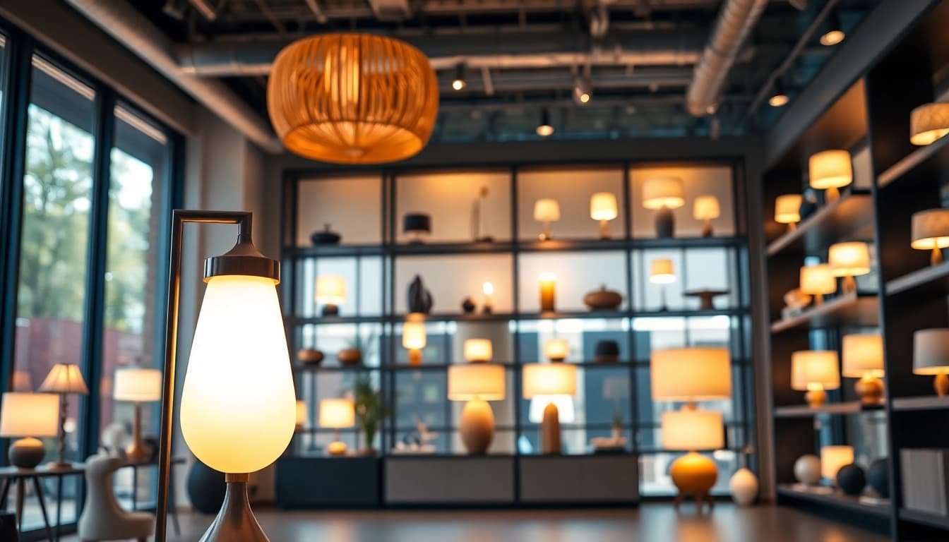 Showcasing ELC Lamps Online in a stylish showroom with modern lighting elements.