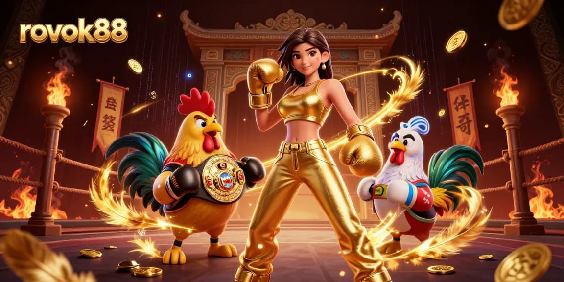 Experience the thrilling action of rokok88 with a dynamic 3D illustration featuring a powerful woman boxer and championship rooster in an energetic arena.