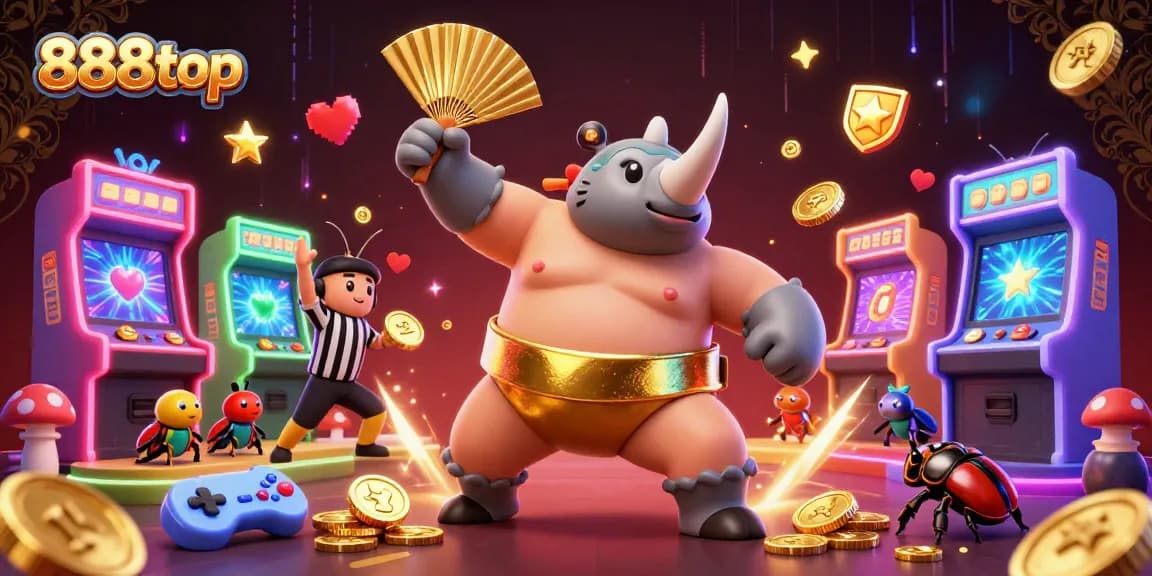Exciting 888top casino scene with a sumo champion beetle, showcasing vibrant gaming elements and golden coins flying.