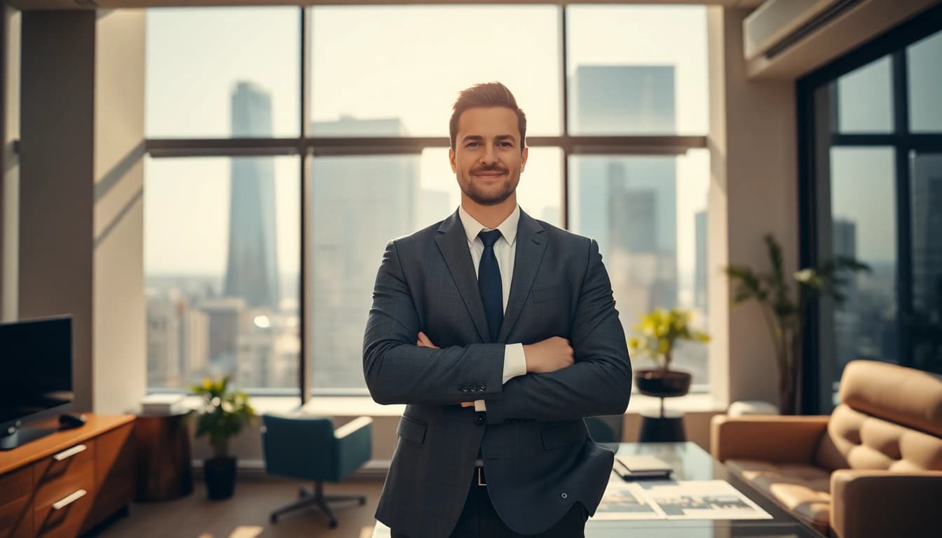 Showcase real estate professional advising clients in a bright, modern office