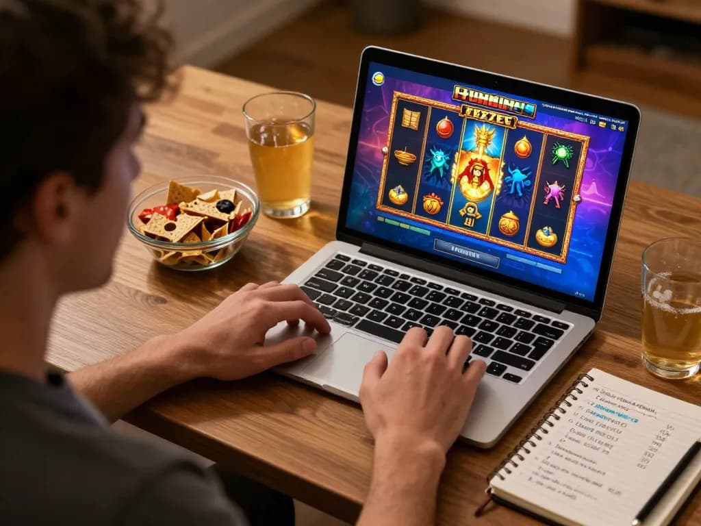 Pemain terlibat dengan permainan slot online melalui link gacor di rumah, menunjukkan kegembiraan dan strategi