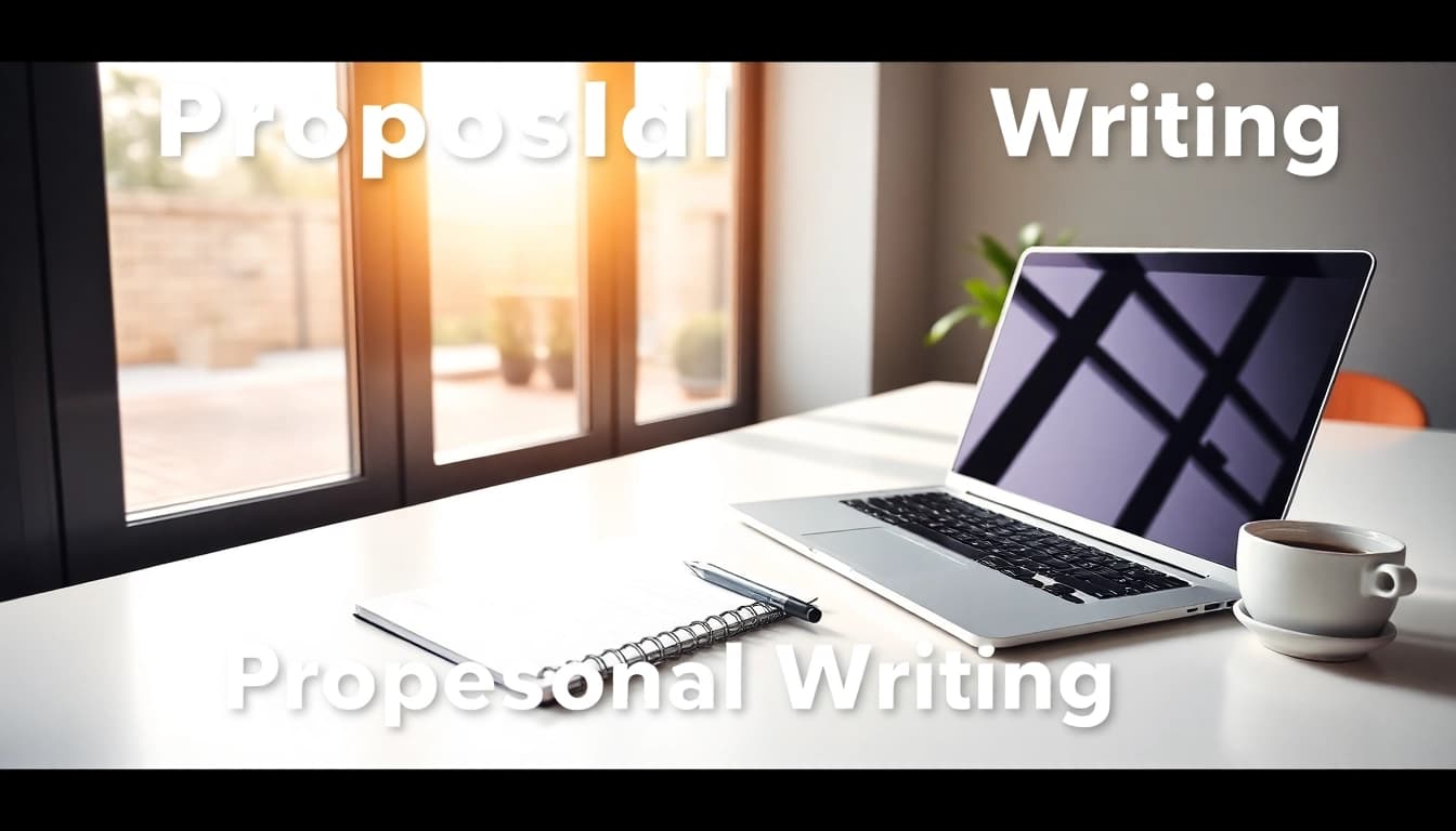 Engaged workspace for Proposal Writing and Management with laptop, notes, and coffee.