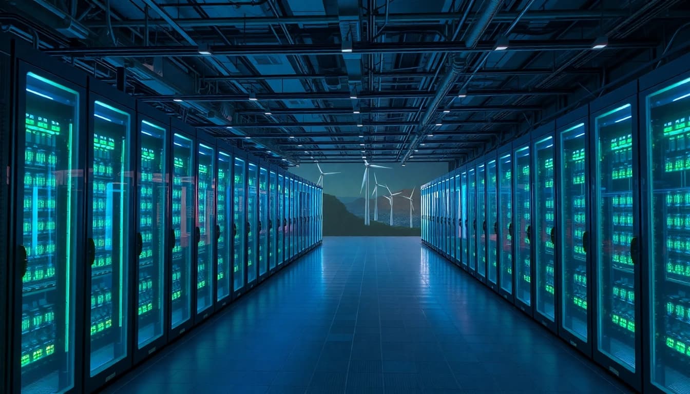 Futuristic crypto cloud mining farm powered by renewable energy, showcasing high-tech servers with wind turbines and solar panels.