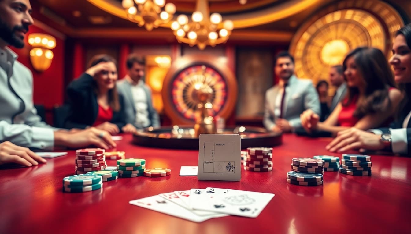 Des joueurs profitant d'un jeu palpitant à une table de casino en ligne français luxueuse avec des jetons et des cartes vibrants.
