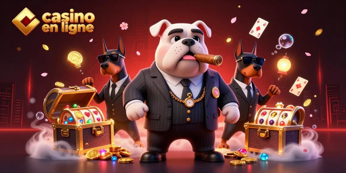 Visuel dynamique d'un casino en ligne avec un bulldog mafia et deux Dobermans, représentés dans une ambiance festive.