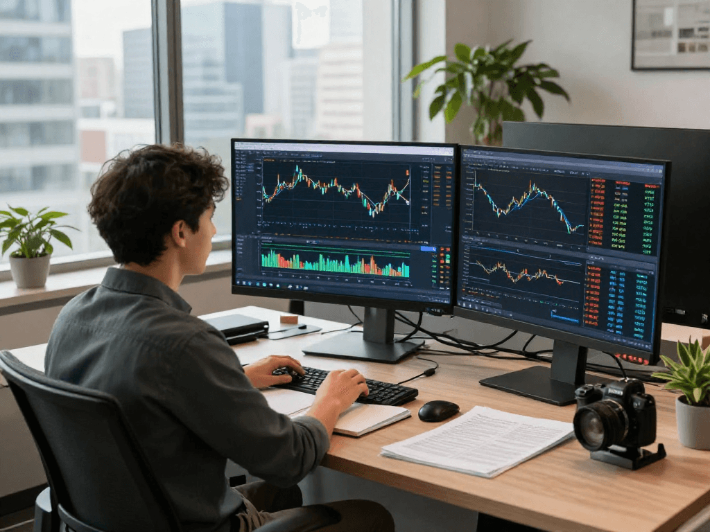 Focus on TradingView charts in a modern office setting with multiple screens displaying market analysis.