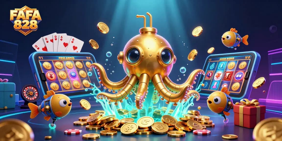 Experience the thrill of FAFA 828 with a golden kraken submarine amidst coins and vibrant casino games.