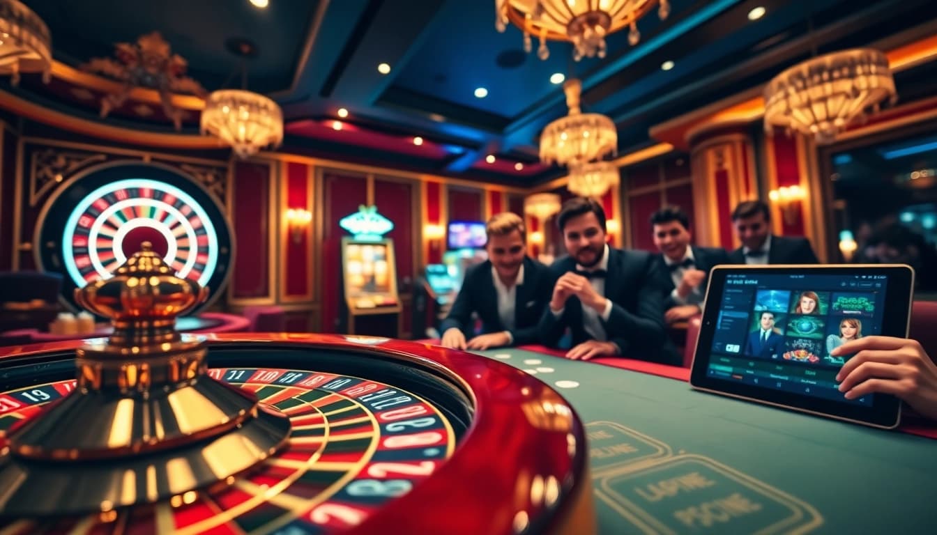 Joueurs engagés appréciant le casino en ligne France avec des machines à sous modernes et une roulette.