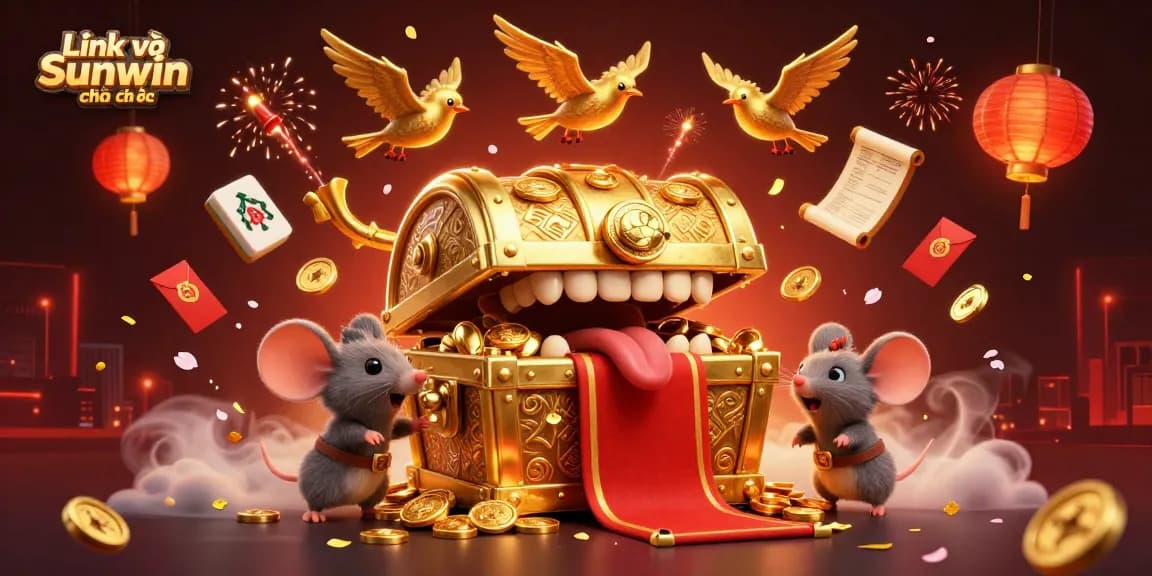 Engage with Link vào Sunwin chính thức, featuring an exciting illustration enticing adventurer mice with riches.