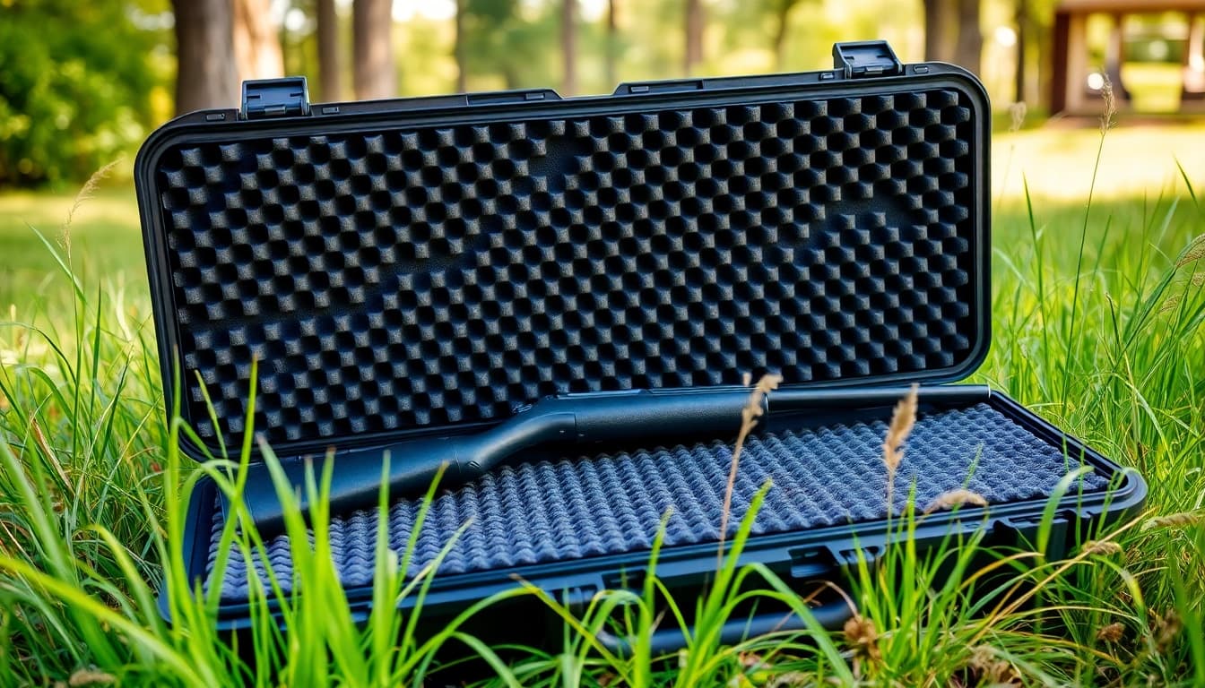 Showcase of foam for rifle case in an outdoor setting with intricate details.