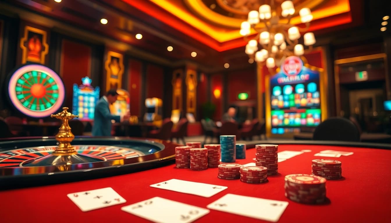 Scène captivante d'un jeu de poker dans un casino en ligne Français 2026 avec une roulette vibrante et des machines à sous.