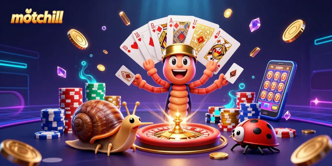 Experience the thrill of motchill with vibrant illustrated characters at a bustling online casino table.