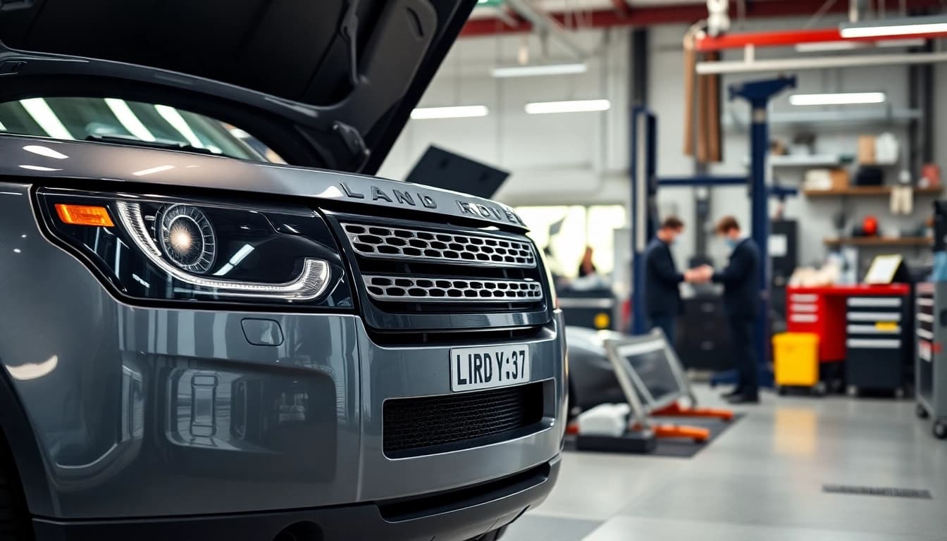 Showcasing Land Rover Service with a mechanic performing maintenance in a bright, organized garage.