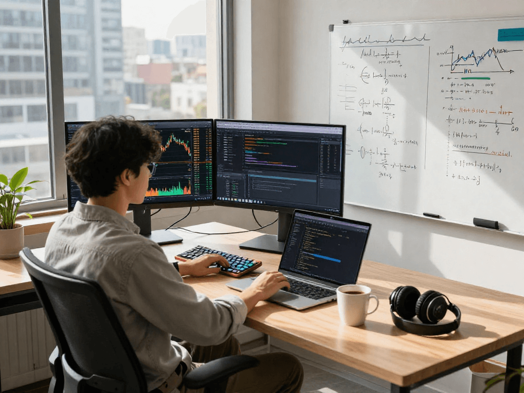 Japan stock backtesting API interface displayed on dual monitors in a professional trading workspace.