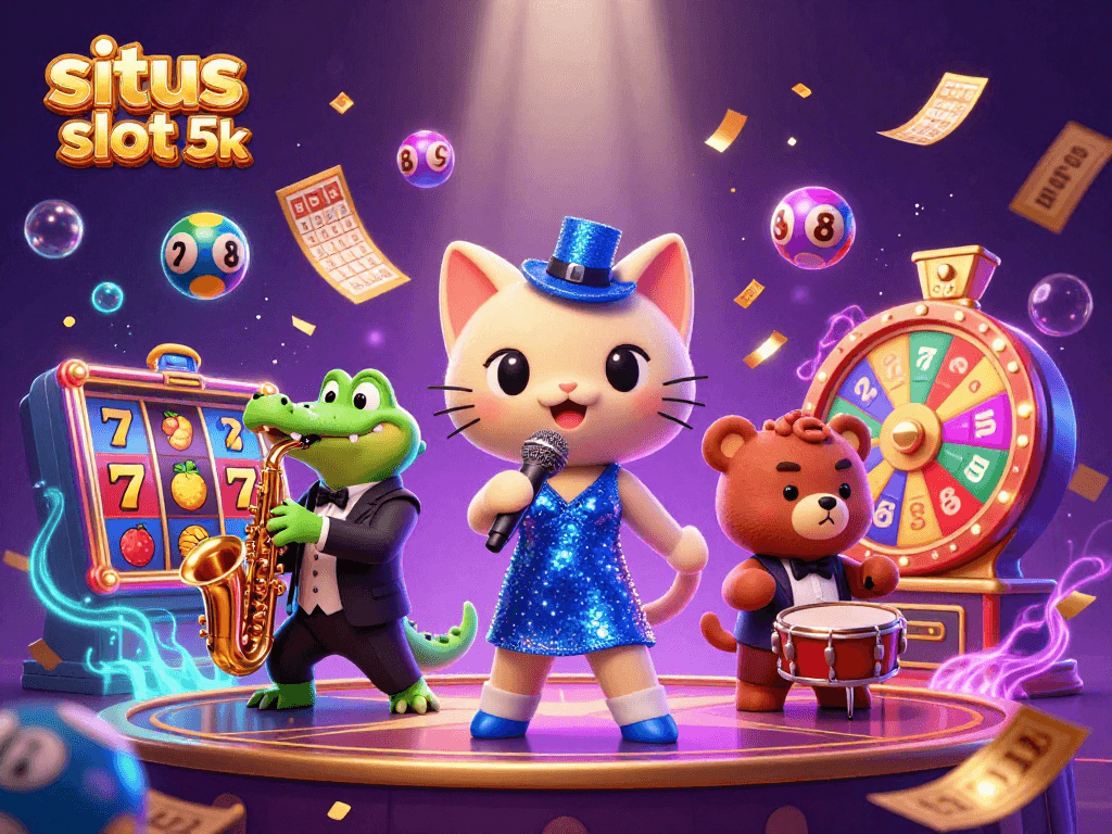 Engage with the thrilling atmosphere of situs slot 5k featuring a jazz-singer cat and vibrant casino elements.