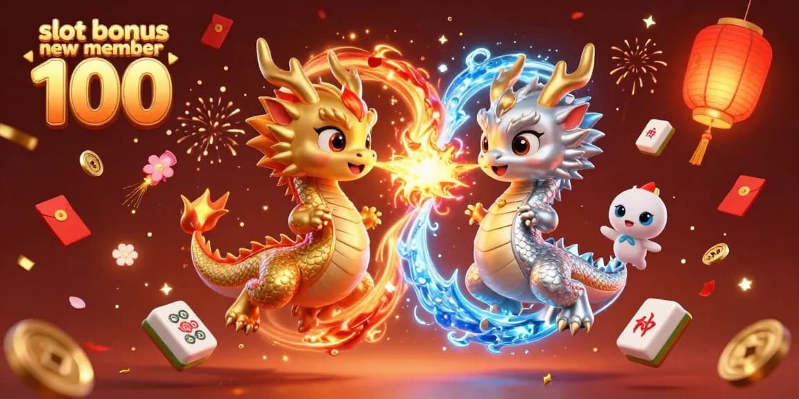Experience the excitement of the slot bonus new member 100 with dynamic dragons and festive elements in this vibrant illustration.