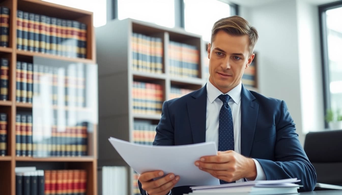 Legal Recoveries expert assessing case documents in a bright office.