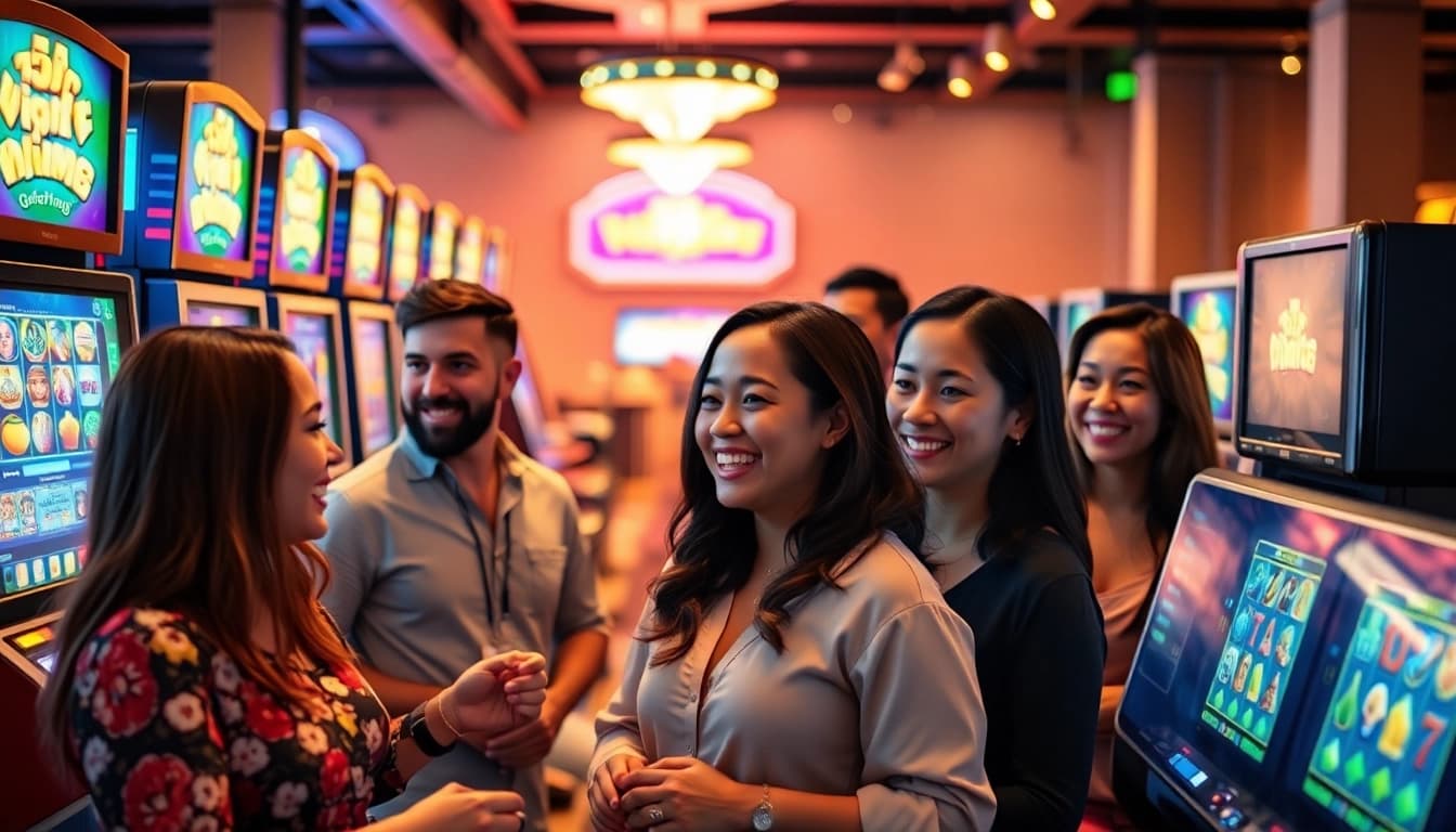 Situs kode4d offers a thrilling online gaming experience with diverse players enjoying vibrant slot machines.