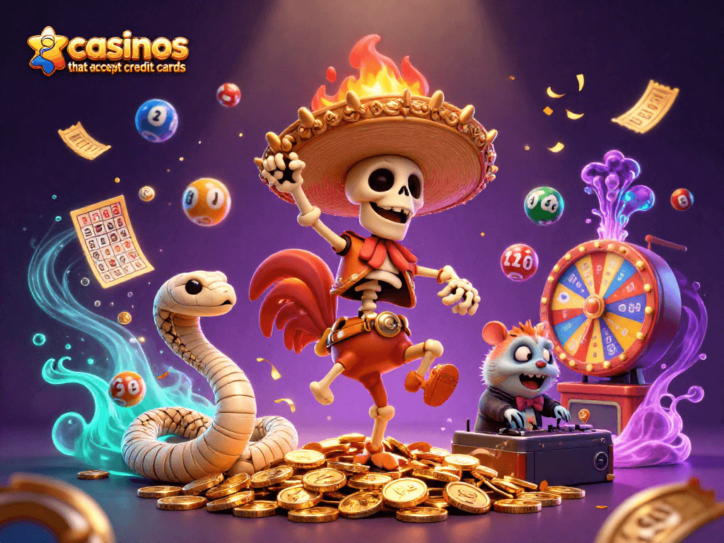 Experience thrilling adventures at casinos that accept credit cards with vibrant characters, colorful lottery balls, and fun game elements!