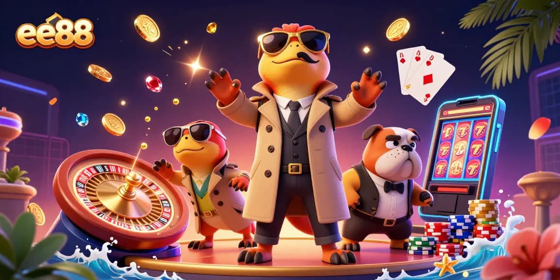 Experience exciting gaming thrills with EE88's captivating scene of raptors in a trench coat sneaking into a casino.