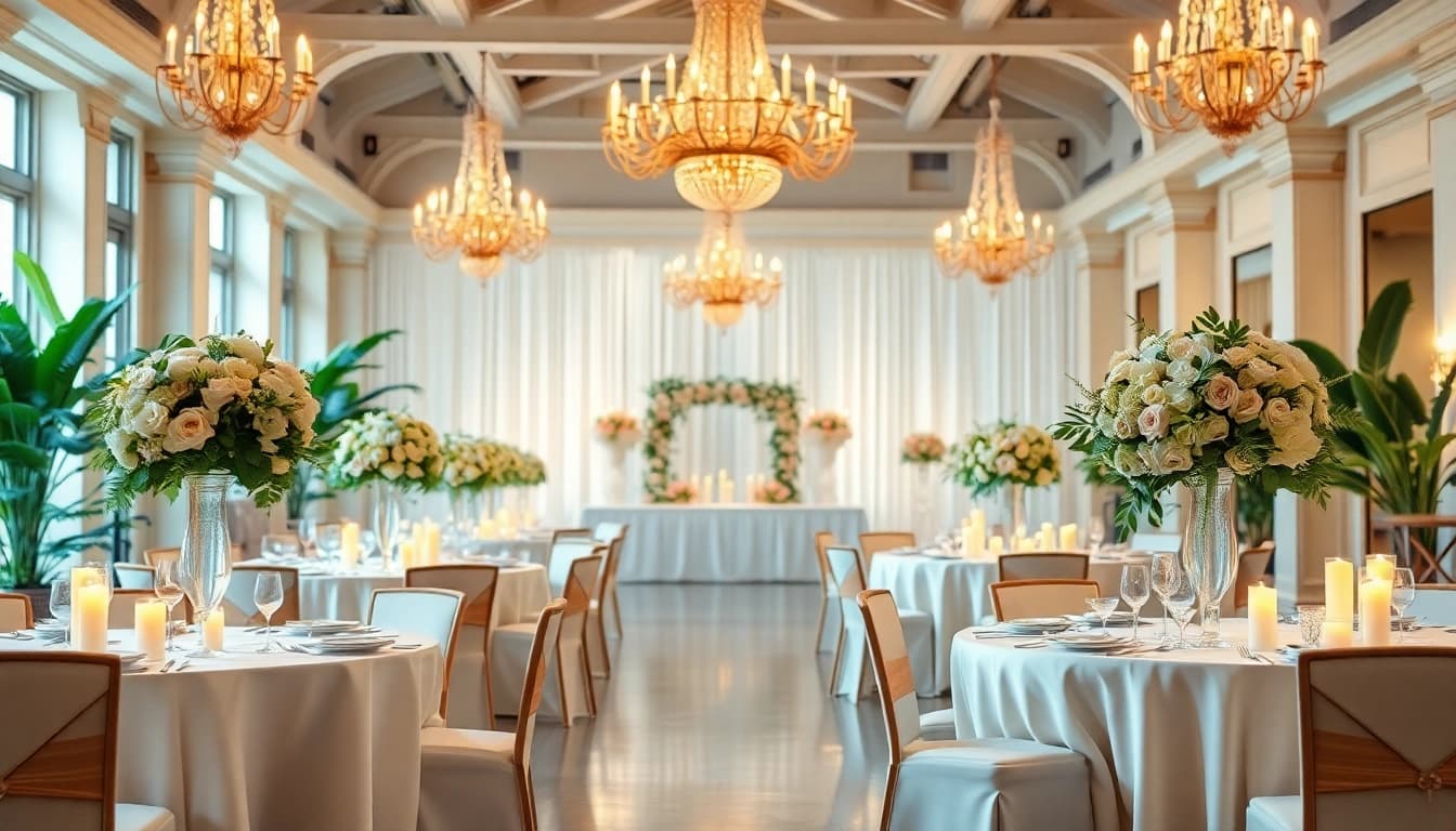 Showcase a stunning Wedding Event Space Jacksonville featuring elegant decorations and vibrant ambiance.