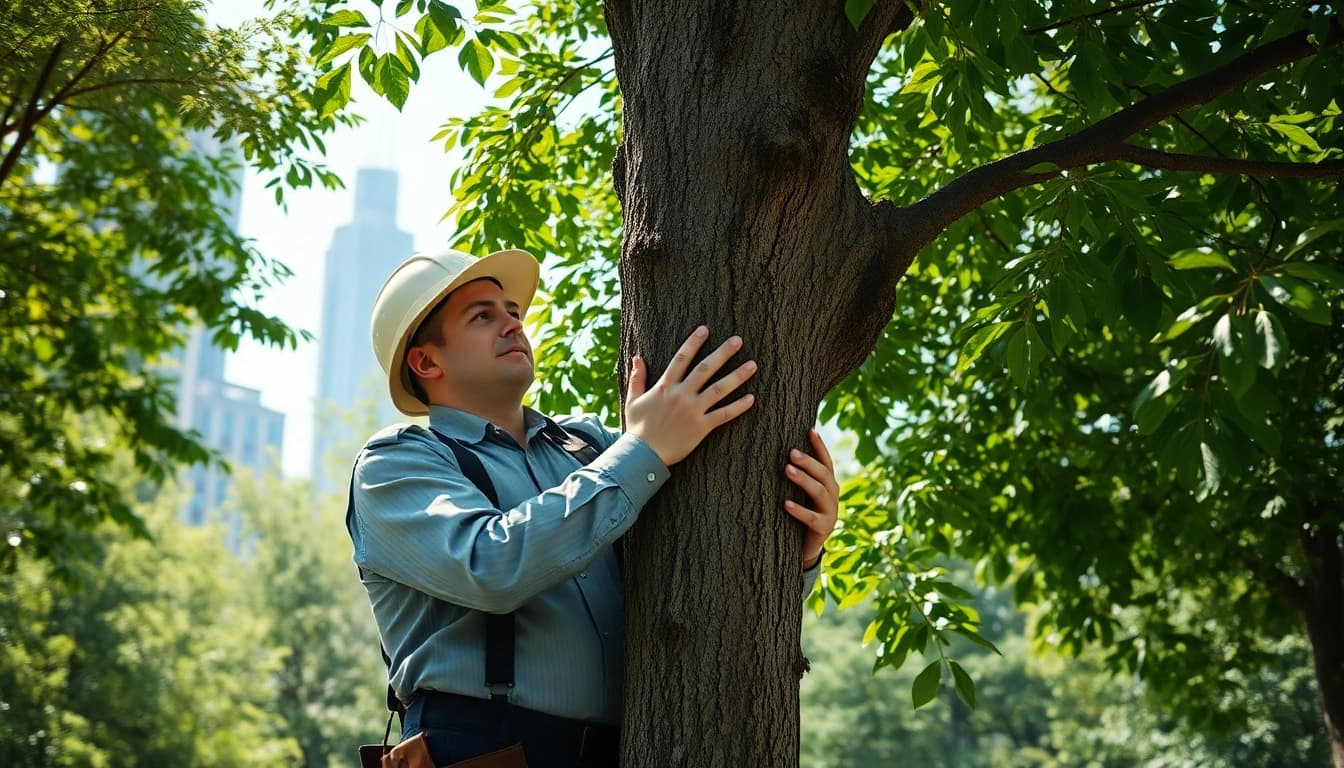 Assessing tree health by Black Mountain Tree Consultancy amidst urban greenery.