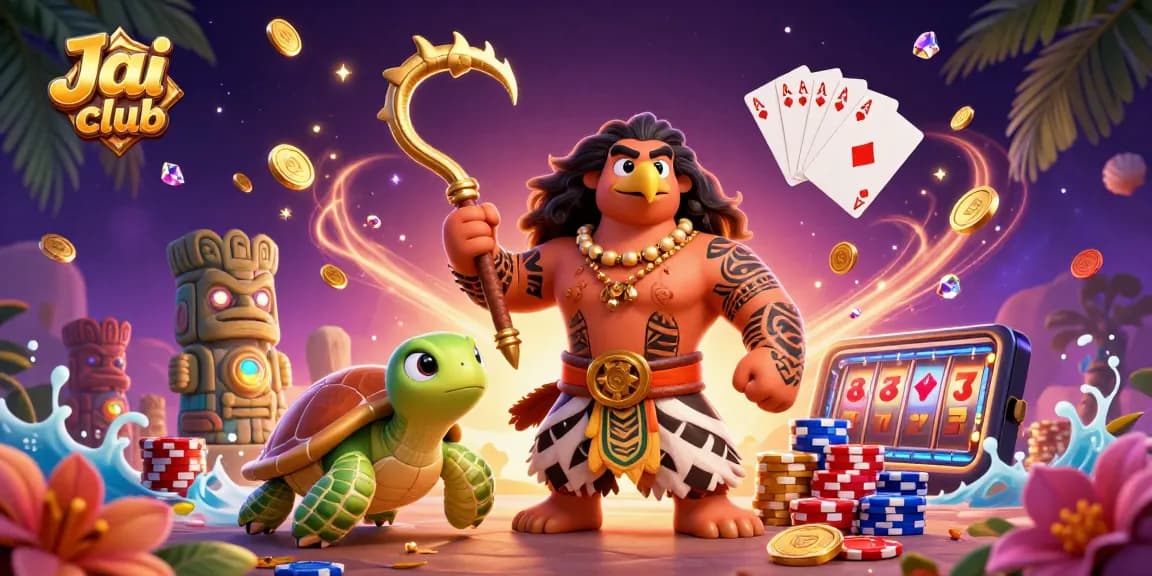 Experience thrilling gameplay and vibrant visuals at Jai club with a cartoon Polynesian demigod and casino elements.
