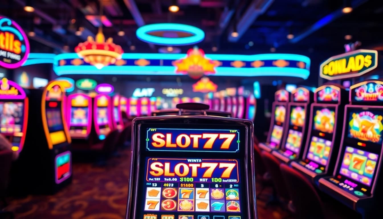 Bermain Slot77 di mesin slot berwarna-warni dan cerah dalam suasana kasino yang hidup.