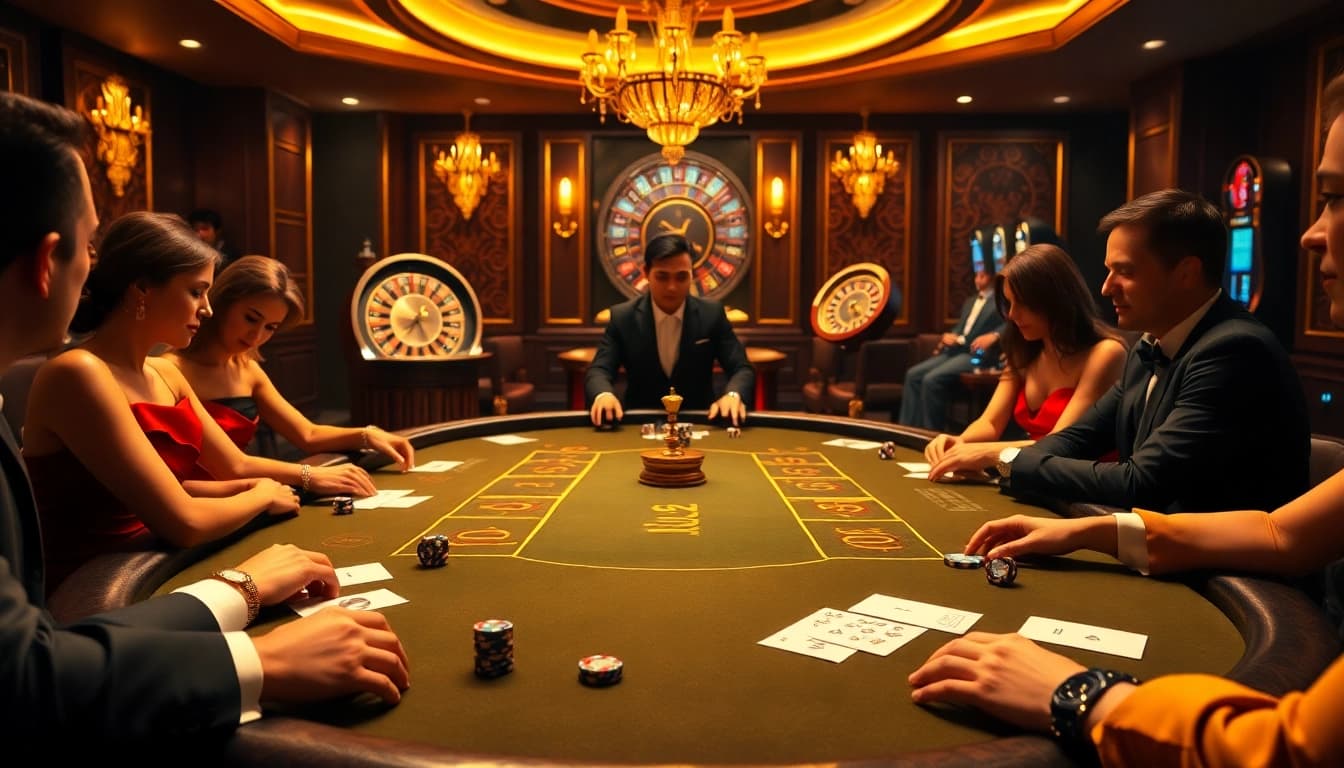 Vivez l'excitation du meilleur casino en ligne France avec des joueurs engagés autour d'une table de poker luxueuse.
