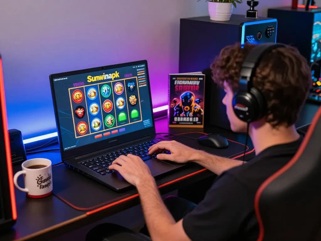 Player enjoying sunwinapk online slots on laptop in cozy gaming setup